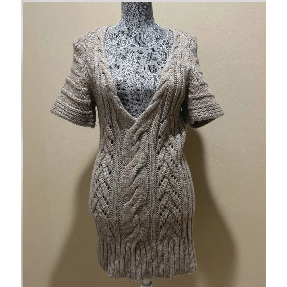 Banana Republic Alpaca Mix Cable Knit Sweater Dress Womens S V Neck Short Sleeve
